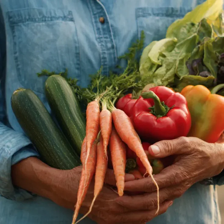 Mani che reggono carote, zucchine, peperoni e lattuga appena raccolti